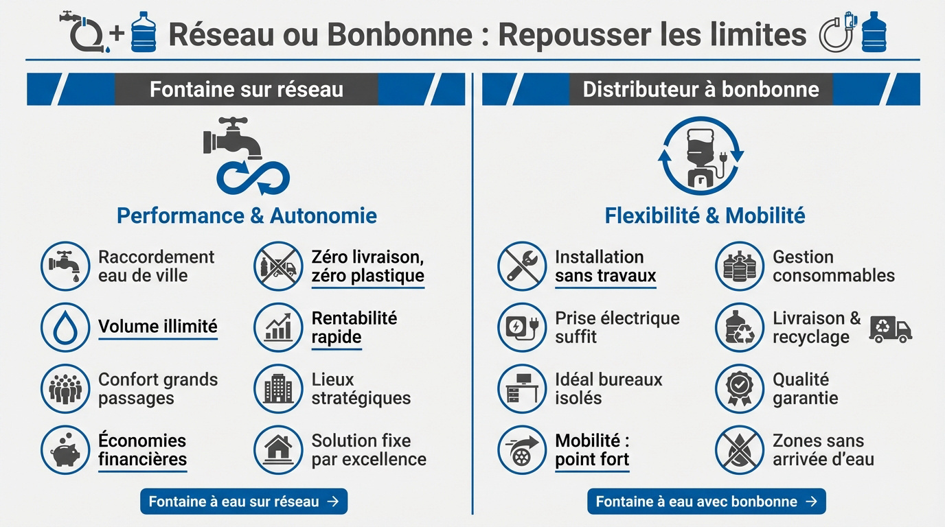 Comparatif fontaine à eau sur réseau vs fontaine à bonbonne pour collectivité et entreprise