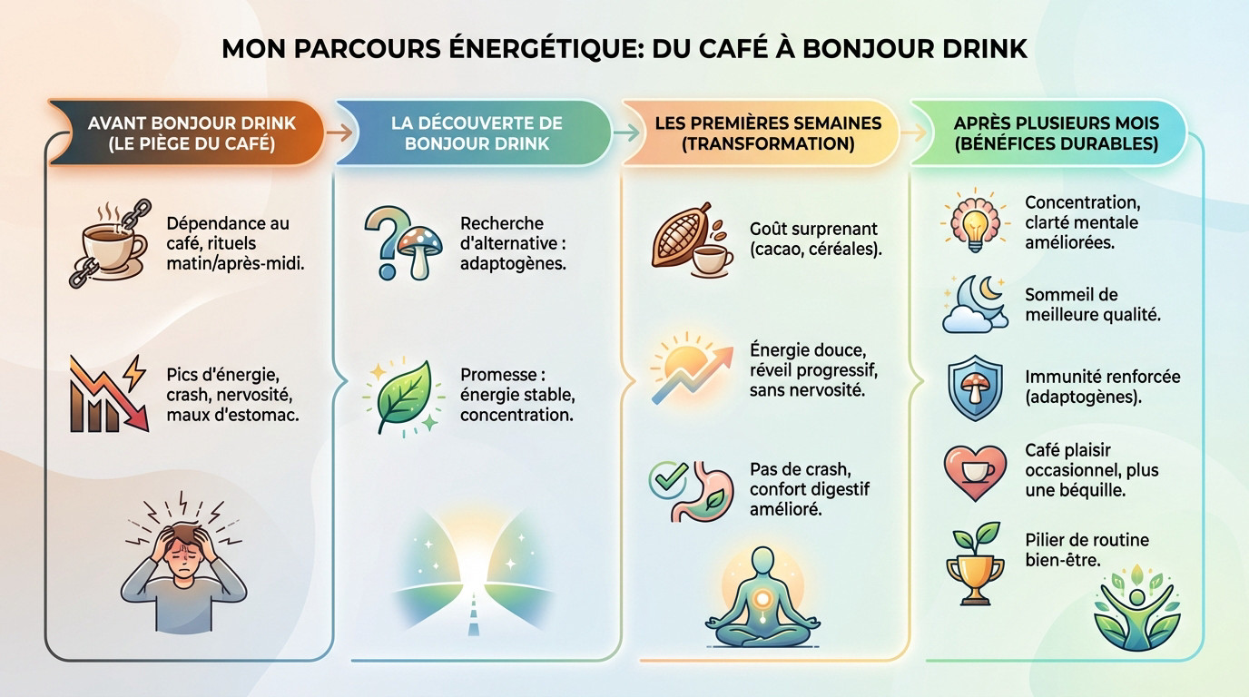 Graphique illustrant mon parcours énergétique et la transition du café vers Bonjour Drink