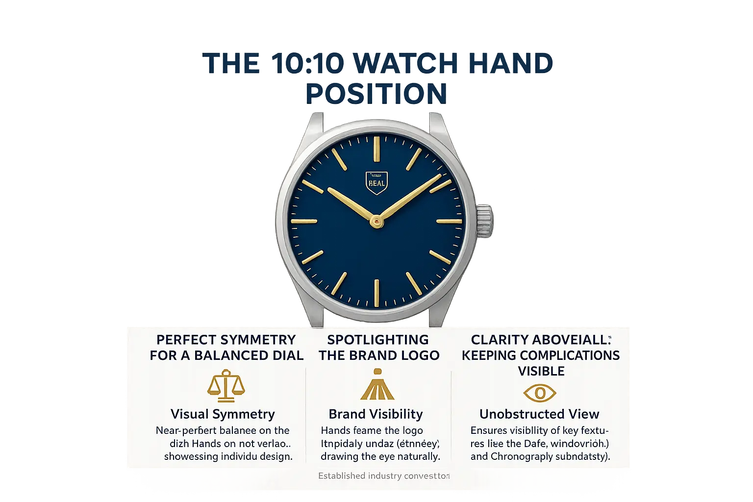 Watch hands at 10:10 framing the brand logo symmetrically