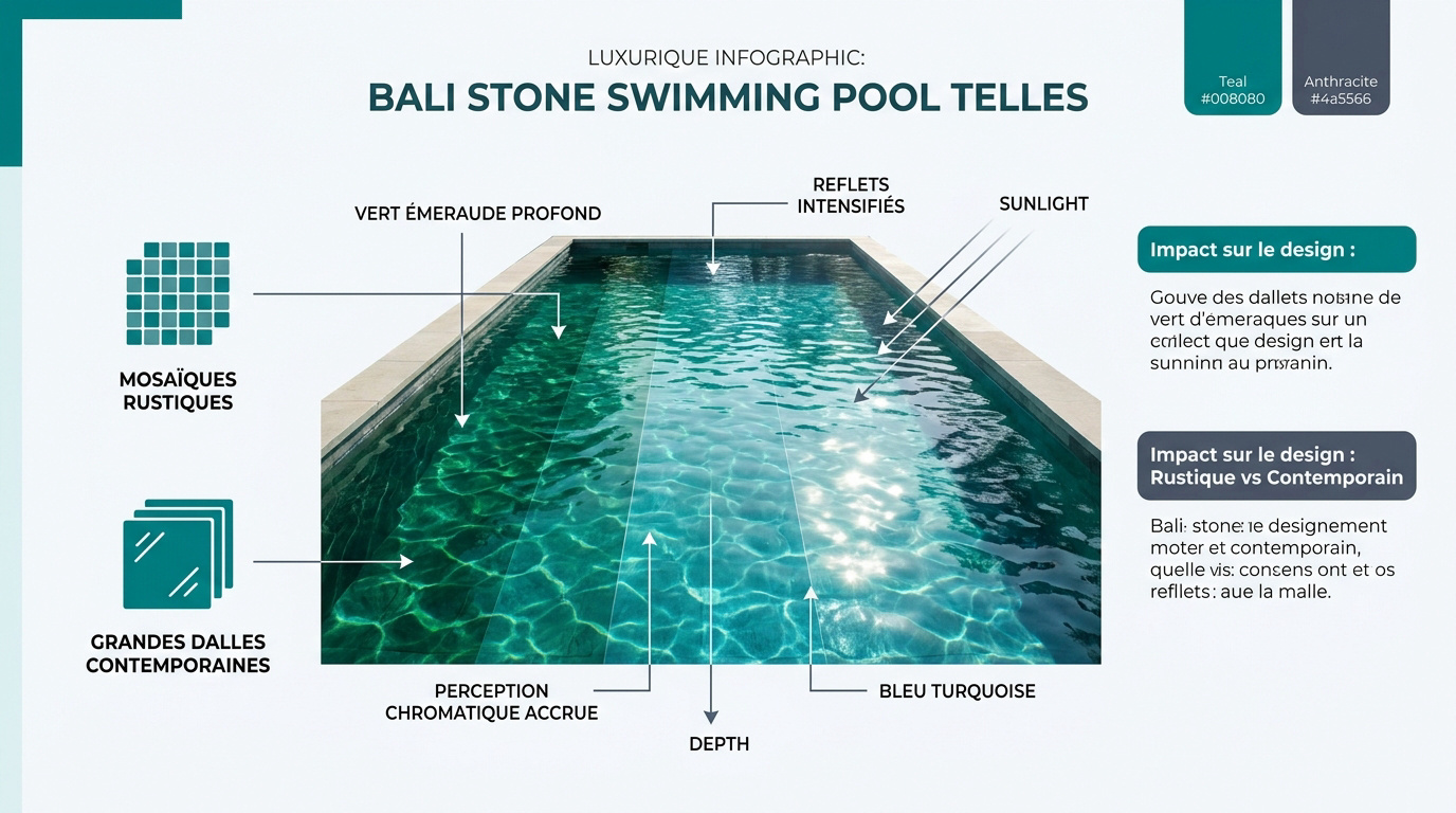 Piscine luxueuse avec revêtement en pierre de Bali aux reflets émeraude