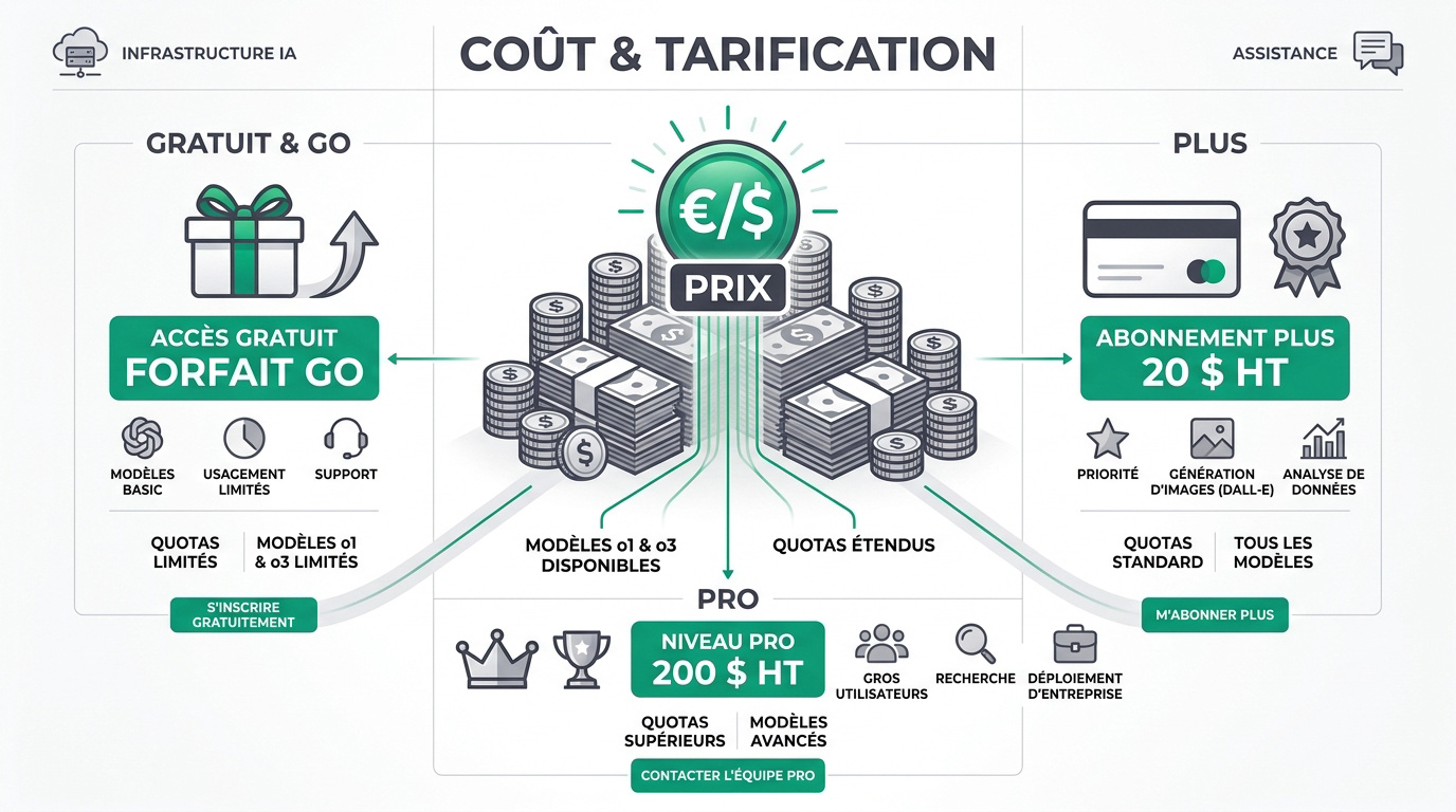 Tableau comparatif des tarifs ChatGPT Free Plus et Pro