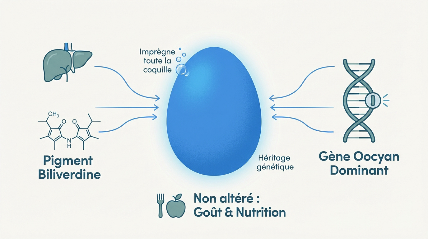 Poule Araucana pondant un œuf bleu