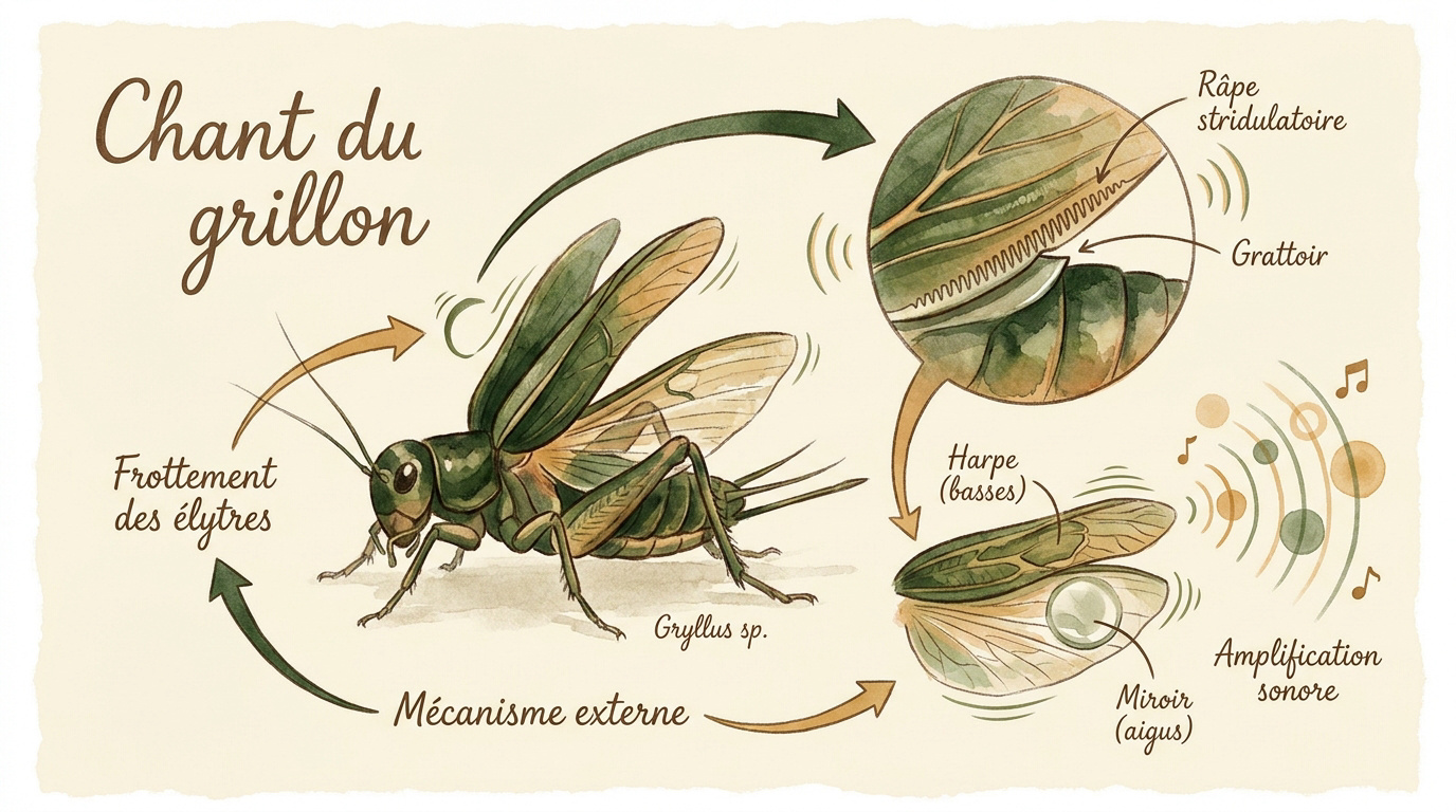 Schéma détaillé de l'appareil stridulatoire sur les ailes d'un grillon mâle