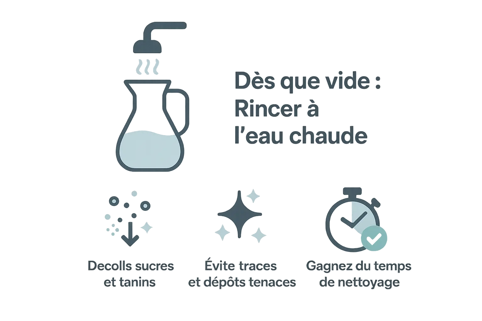 Illustration d'une carafe à vin rincée à l'eau chaude immédiatement après l'utilisation