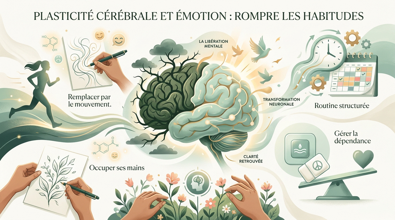 Schéma illustrant la plasticité cérébrale et la transformation des habitudes lors d'un sevrage