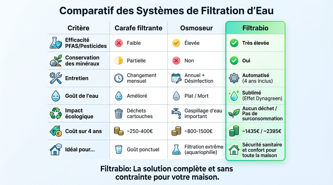 Tableau comparatif des systèmes de filtration d'eau : Filtrabio face aux carafes et osmoseurs