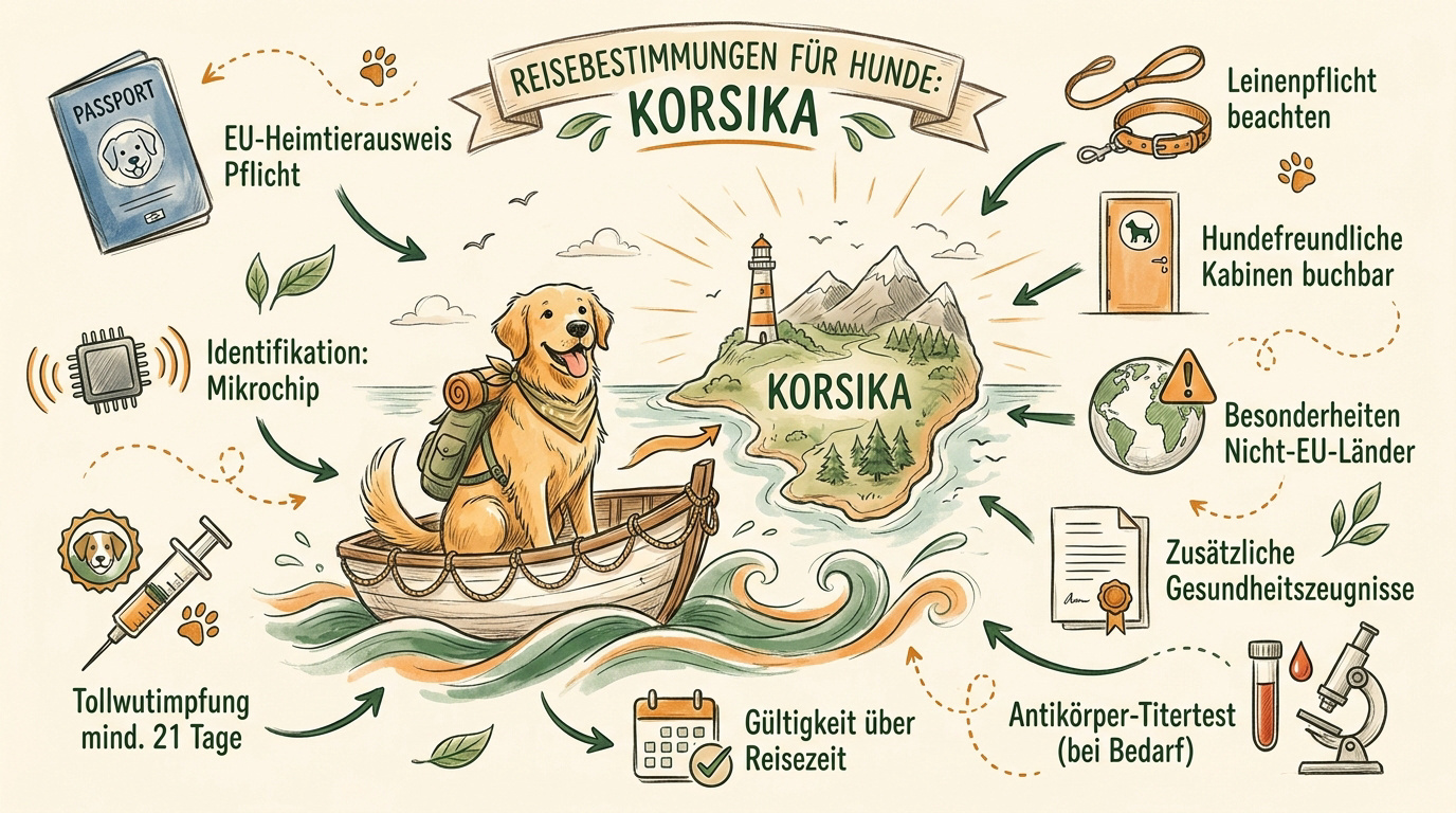 Ein Hund am Strand von Korsika mit dem EU-Heimtierausweis im Vordergrund
