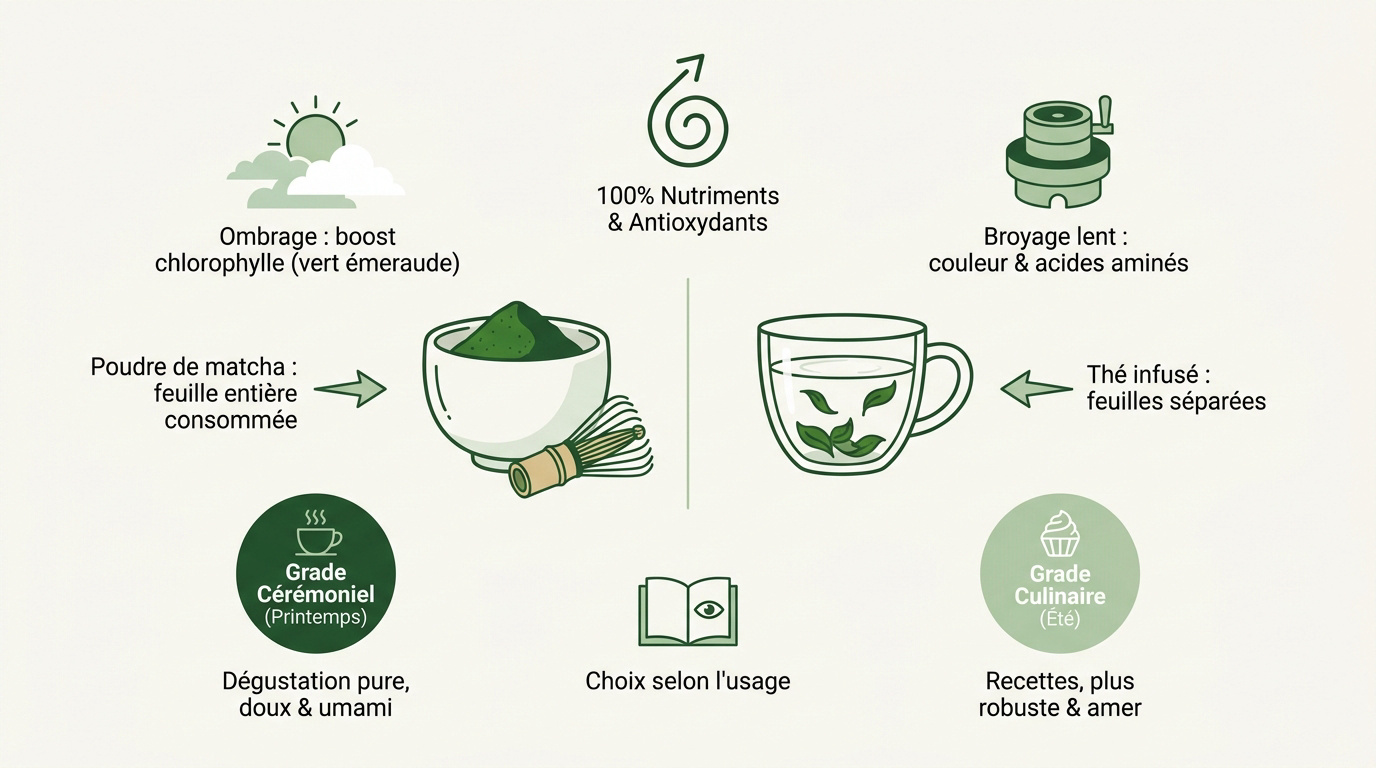Infographie comparant la consommation de la feuille entière de matcha versus une infusion classique