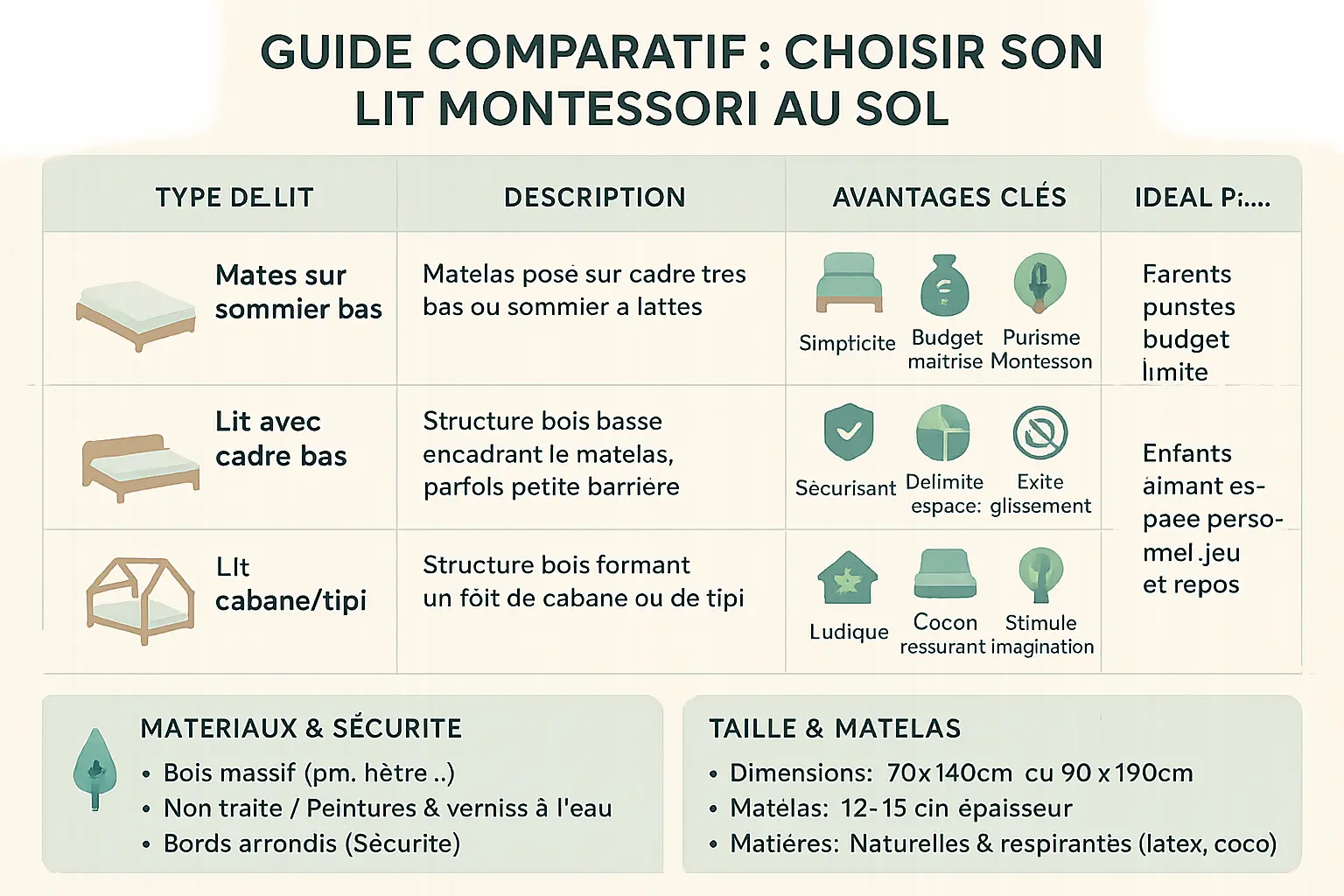 Illustration d'un lit Montessori au sol dans une chambre d'enfant