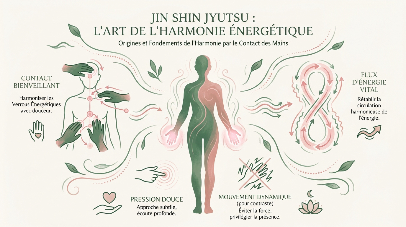 Pratique du Jin Shin Jyutsu montrant l'imposition des mains pour l'harmonie énergétique