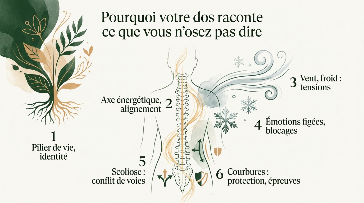 Illustration de la symbolique émotionnelle de la colonne vertébrale en énergétique chinoise