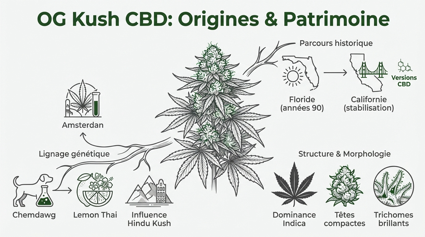 Fleurs de OG Kush CBD compactes avec trichomes visibles