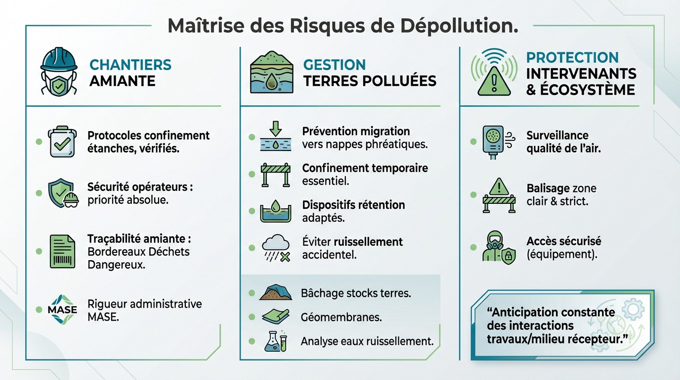 Chantier de dépollution avec gestion des risques environnementaux et protection des opérateurs