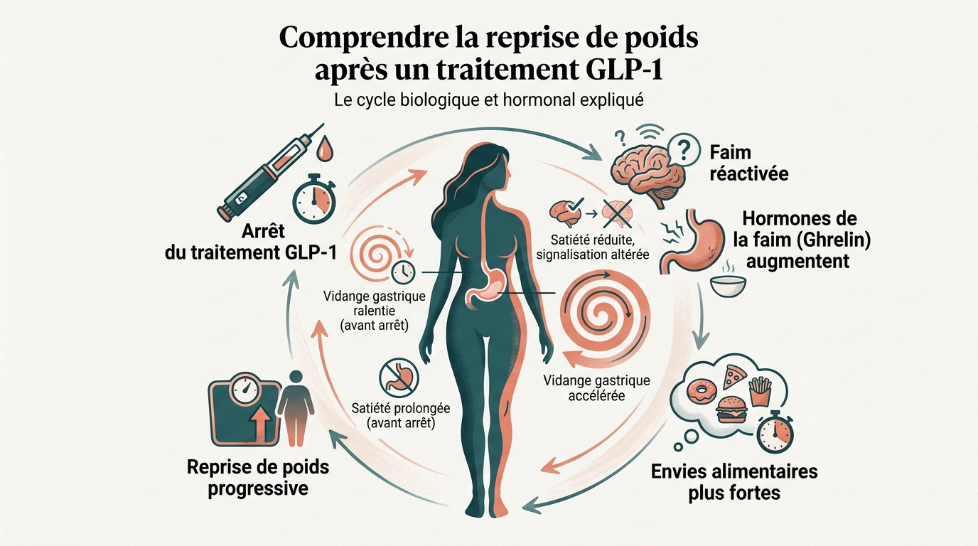Schéma montrant le cycle de reprise de poids après l'arrêt des médicaments GLP-1