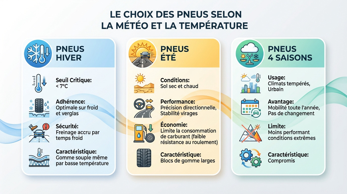 Graphique comparatif des performances des pneus été, hiver et 4 saisons selon la température