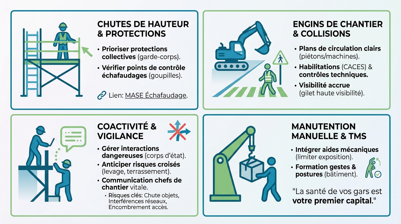 Ouvriers du BTP analysant les risques critiques sur un chantier de construction