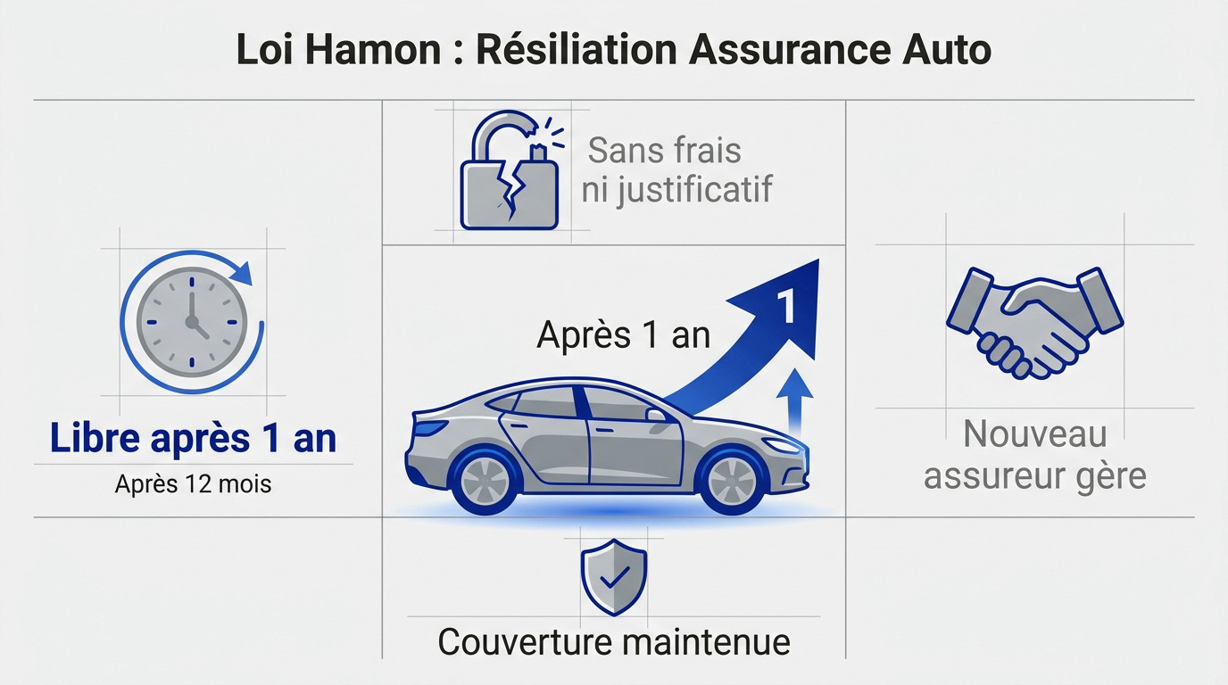 Infographie expliquant les étapes de la résiliation assurance auto loi Hamon