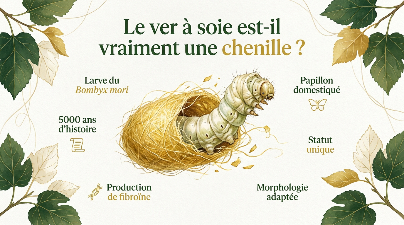 Chenille de Bombyx mori sur une feuille de mûrier
