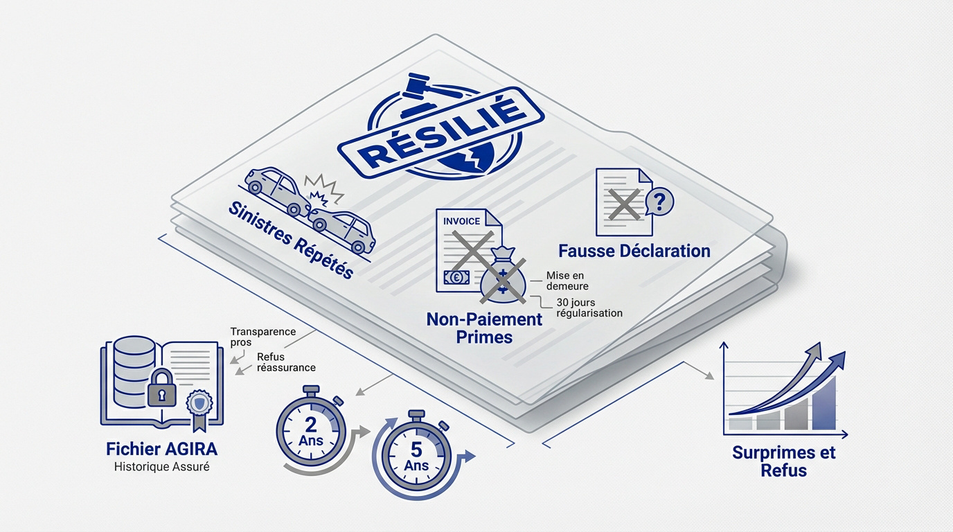 Infographie expliquant les motifs et impacts d'une résiliation d'assurance auto
