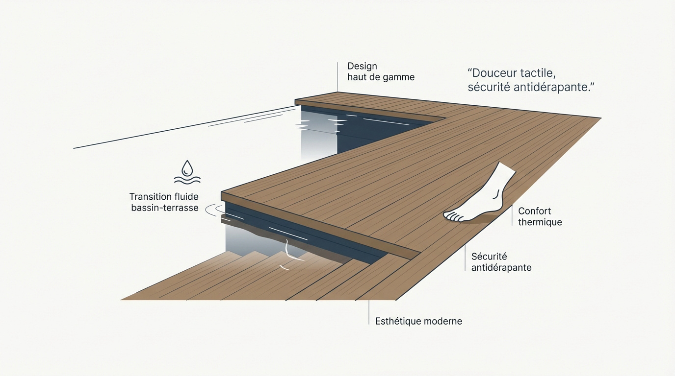Terrasse piscine bois : réussir sa finition sans margelle 2 Terrasse en bois moderne sans margelle bordant une piscine à effet miroir