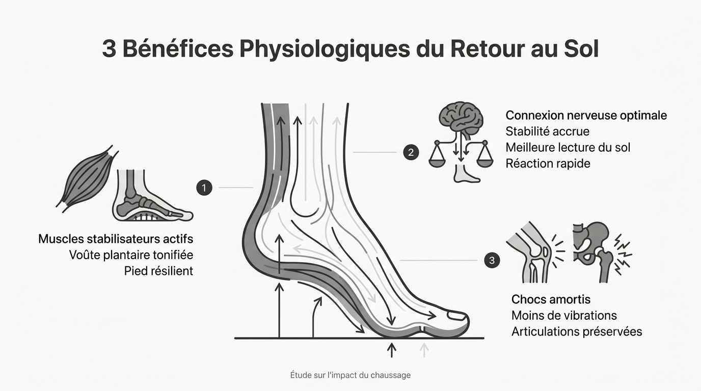Pied nu marchant sur un sol naturel illustrant les bienfaits des chaussures barefoot