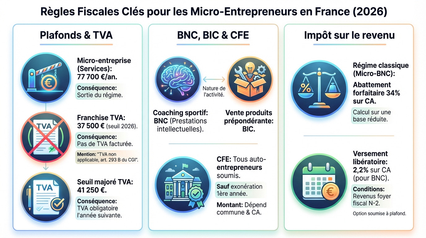 Infographie sur les règles fiscales et seuils pour les micro-entrepreneurs en 2026