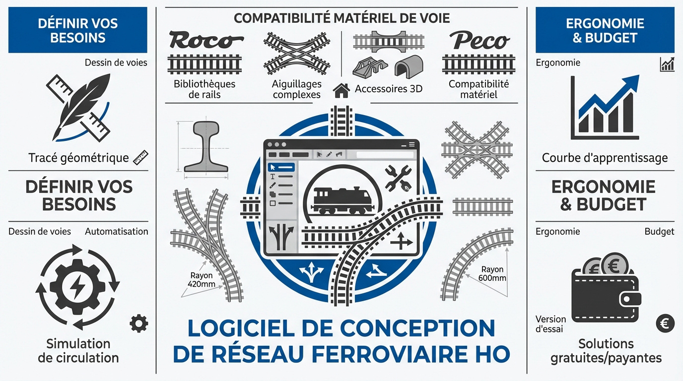 Interface d'un logiciel de conception de réseau ferroviaire à l'échelle HO montrant un tracé de voies complexe
