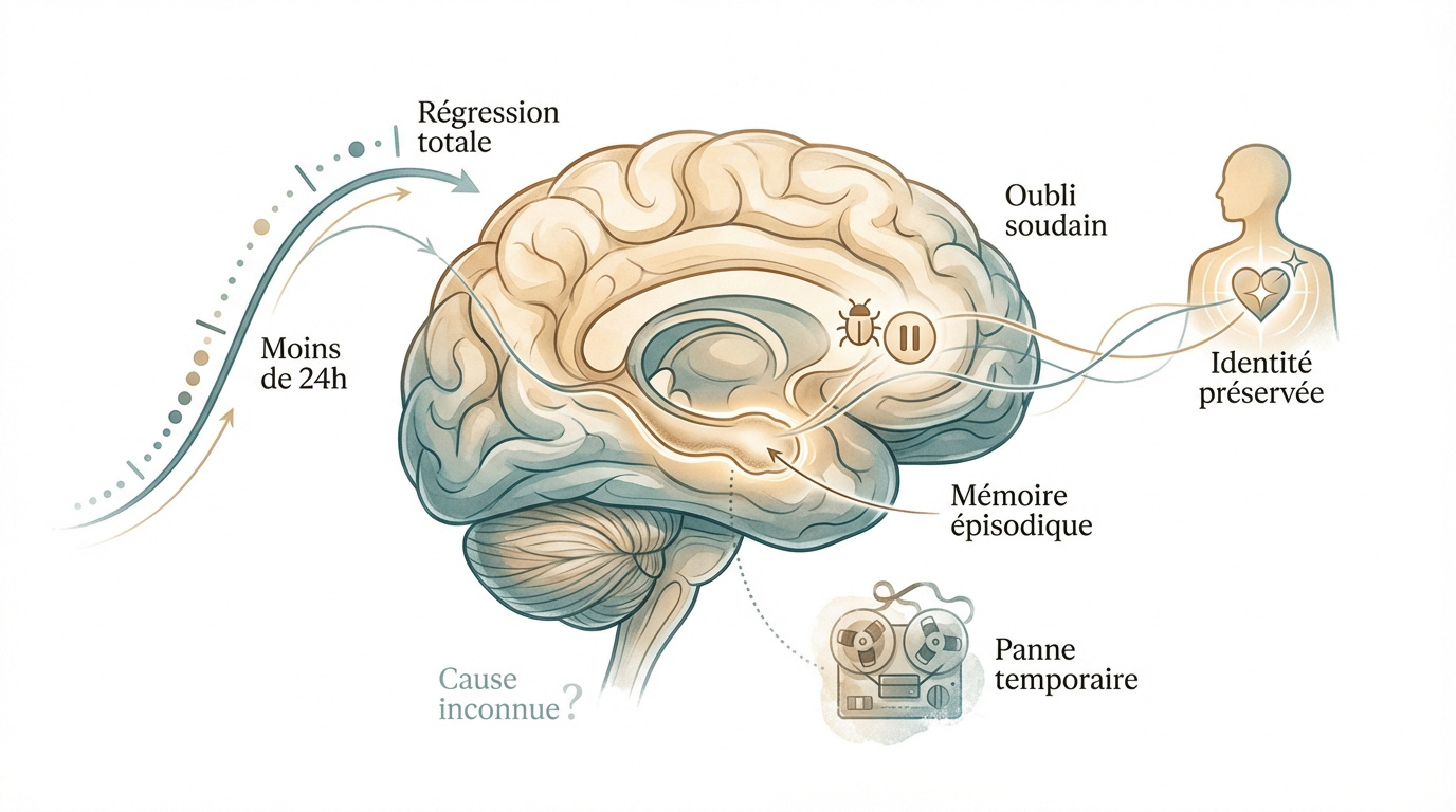 Illustration des zones du cerveau liées à la mémoire et à l'identité lors d'un ictus amnésique