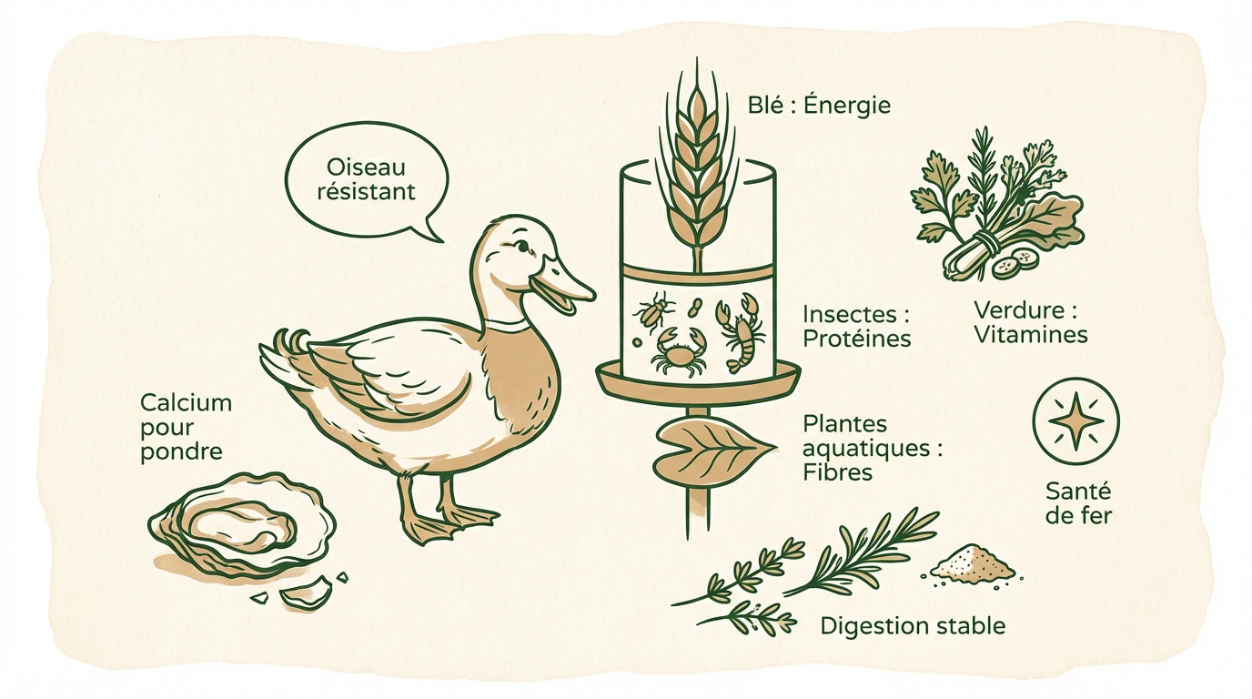 Canard s’alimentant avec un mélange de céréales