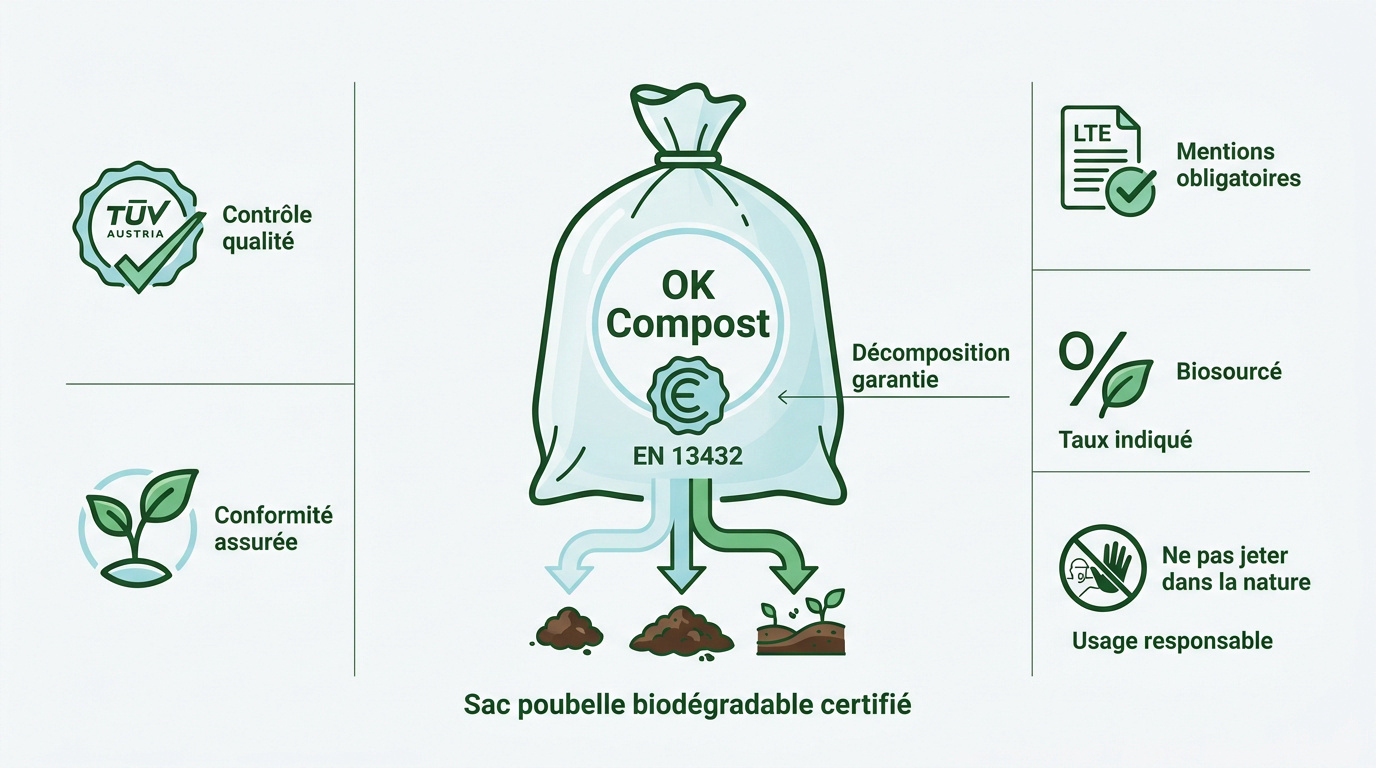 Sac poubelle biodégradable certifié avec logos de compostage
