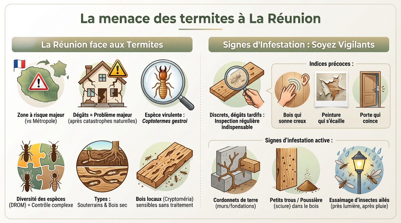 Dégâts causés par les termites sur une charpente en bois à La Réunion