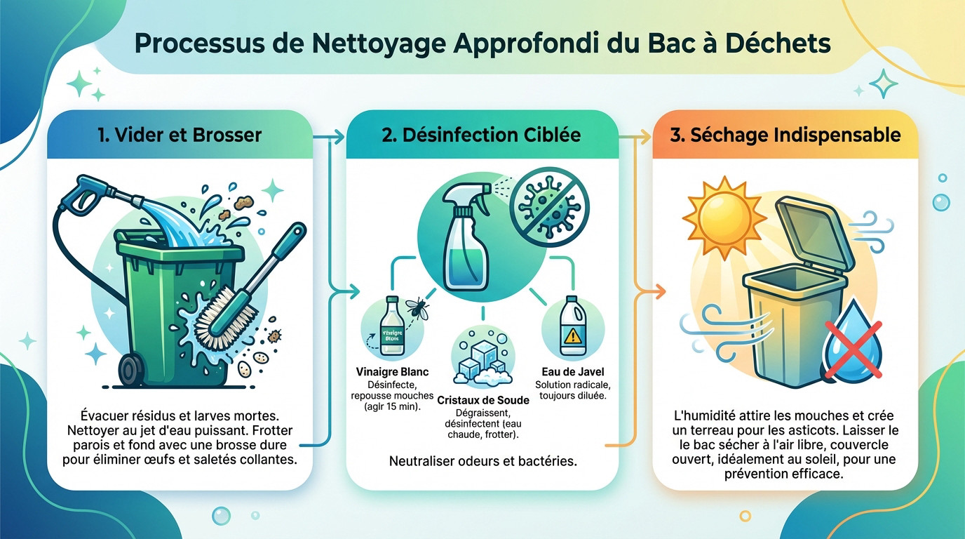 Processus de nettoyage approfondi d'un bac &agrave; d&eacute;chets pour &eacute;liminer les asticots