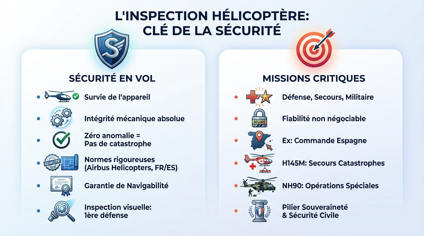 Technicien effectuant une inspection visuelle minutieuse sur le rotor d'un hélicoptère pour garantir la sécurité en vol