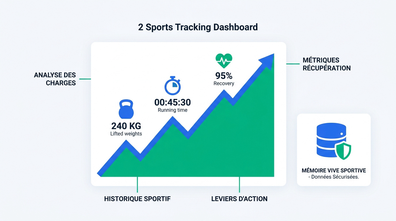 Tableau de bord numérique affichant des graphiques de progression sportive et des indicateurs de performance