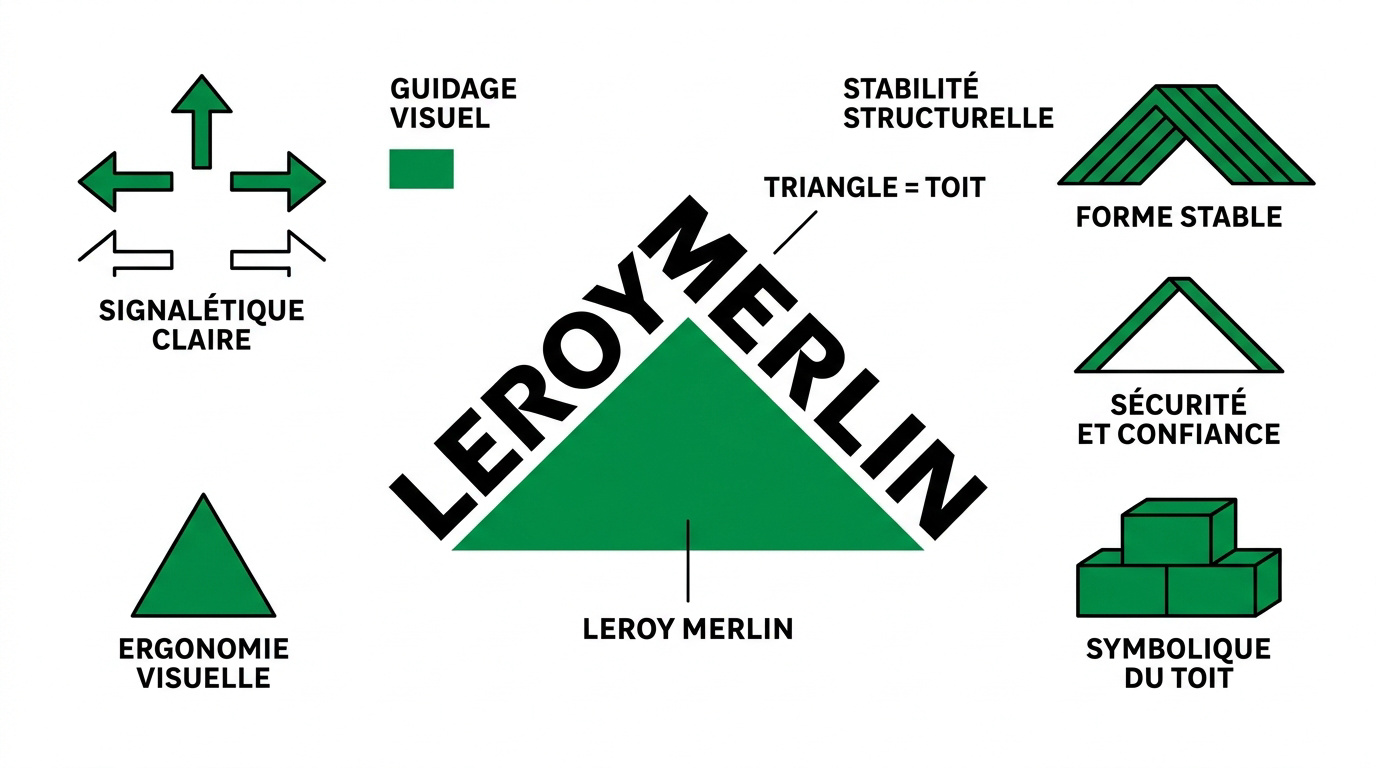 Analyse graphique du logo Leroy Merlin mettant en avant le triangle vert et la typographie noire