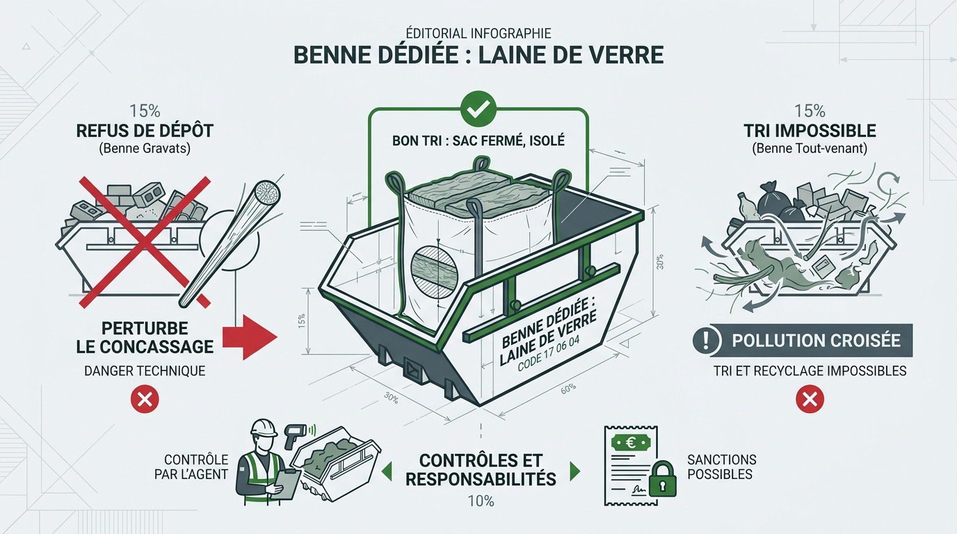 Tri de la laine de verre en sacs pour la déchetterie