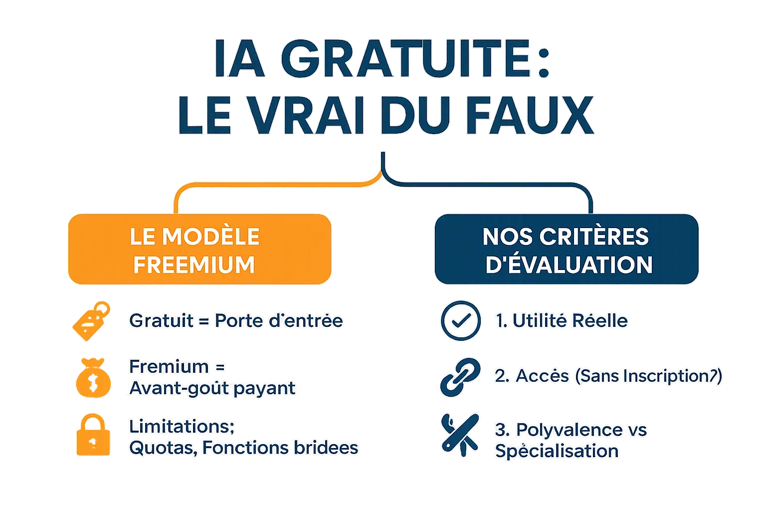 Illustration démystifiant le concept d'IA gratuite, montrant une balance entre gratuité et limitations.