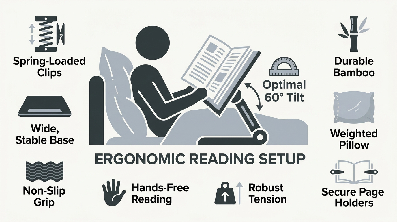 Ergonomic book holder setup showing adjustable angles and page clips for comfortable reading in bed