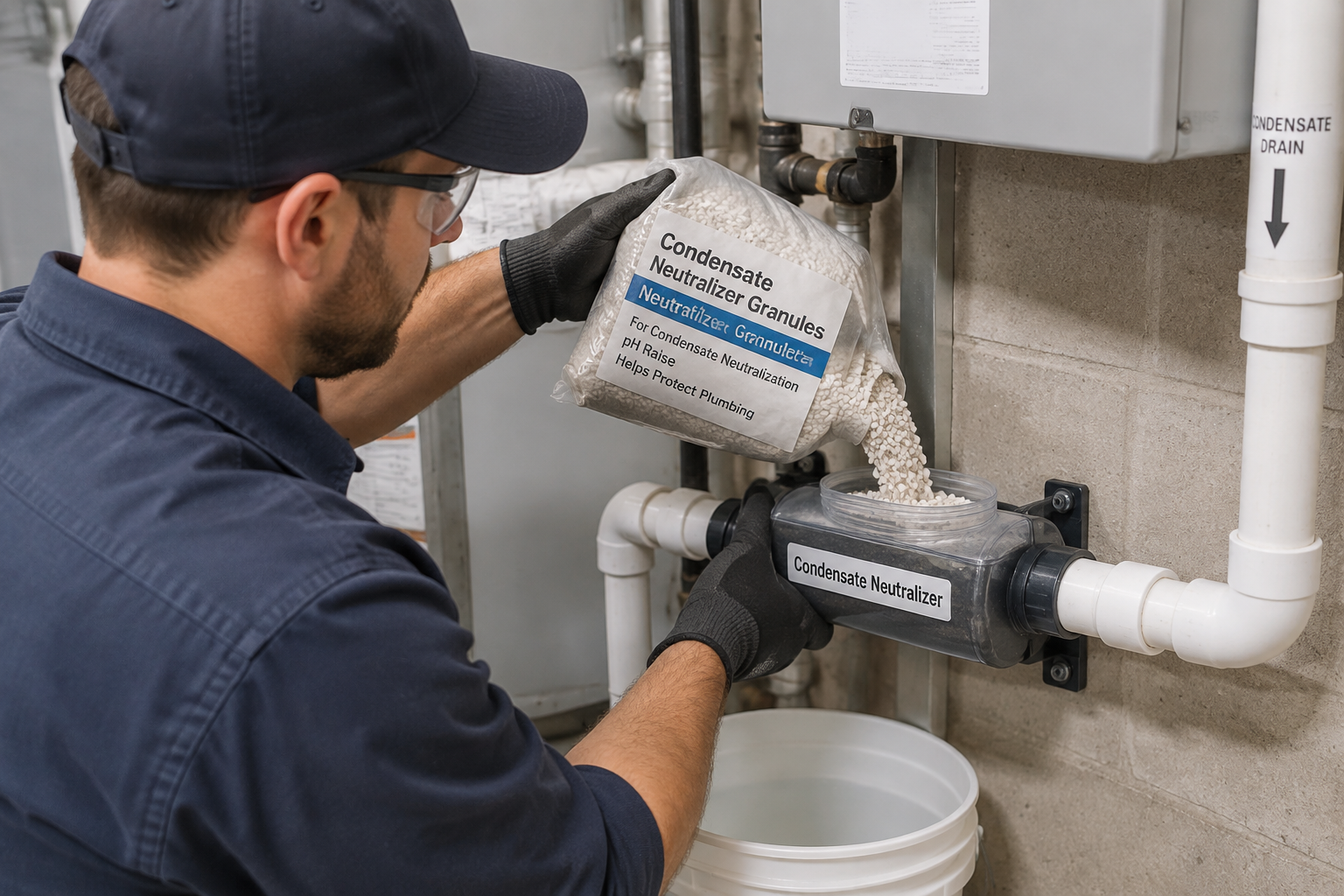 Technicien remplaçant les granulés neutralisants dans un neutraliseur
