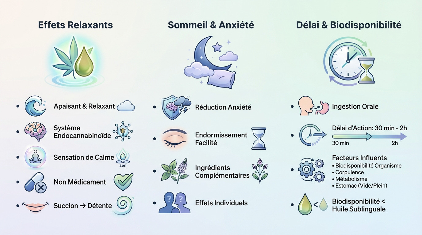 Infographie sur les effets relaxants et la biodisponibilité des bonbons au CBD
