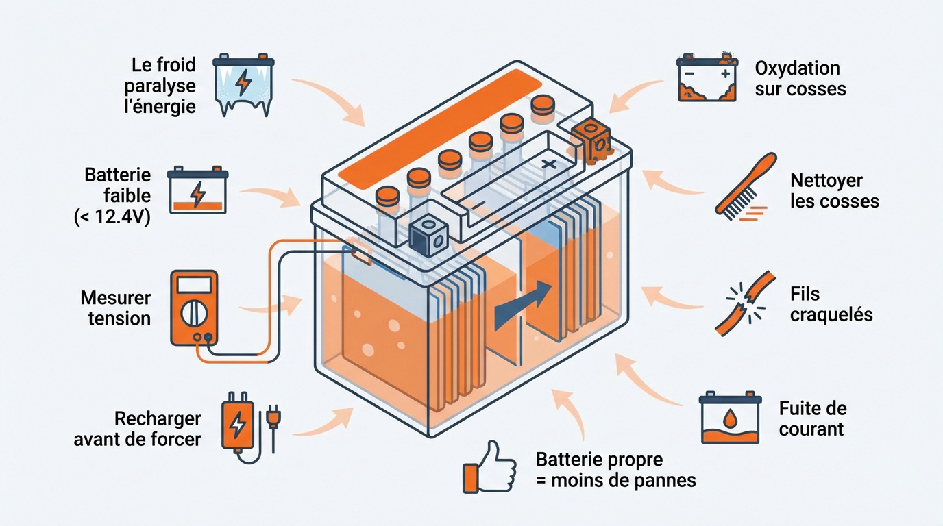 Vérification de la tension d'une batterie de moto avec un multimètre par temps froid