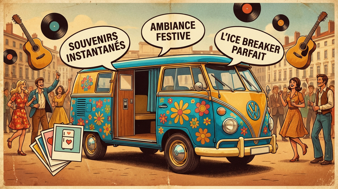 Combi Volkswagen vintage aménagé en photobooth pour événement à Lyon