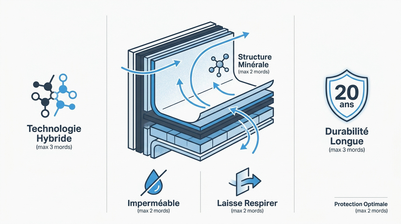 Infographie expliquant la technologie hybride siloxane acrylique pour la protection des façades