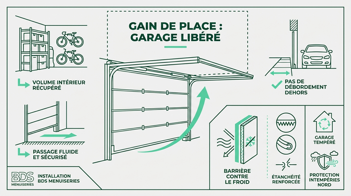 Porte de garage sectionnelle installée dans un garage optimisé pour le rangement