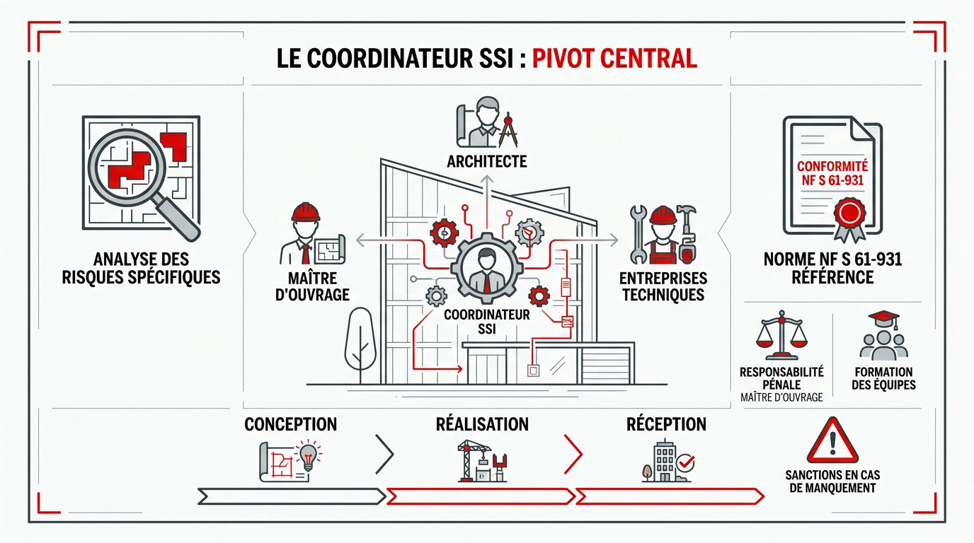 Infographie montrant le coordinateur SSI comme pivot central entre l'architecte et les entreprises
