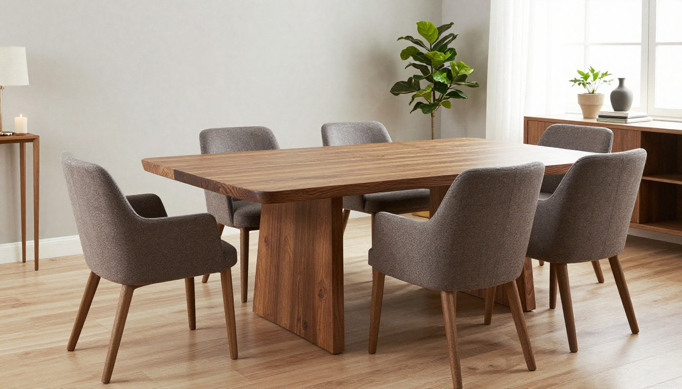 Petite salle à manger scandinave lumineuse avec une table ronde en bois et des chaises en tissu gris