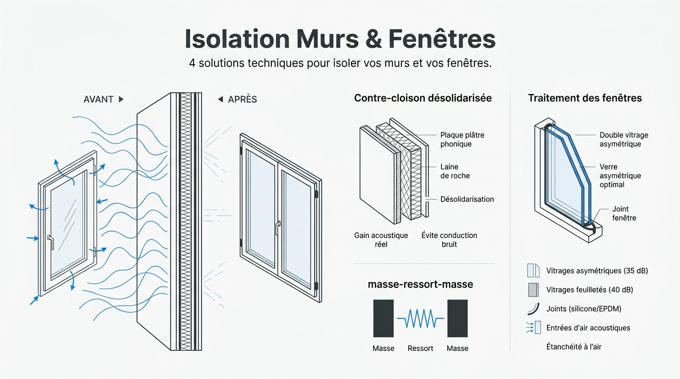 Schéma technique de l'isolation phonique des murs et fenêtres en appartement