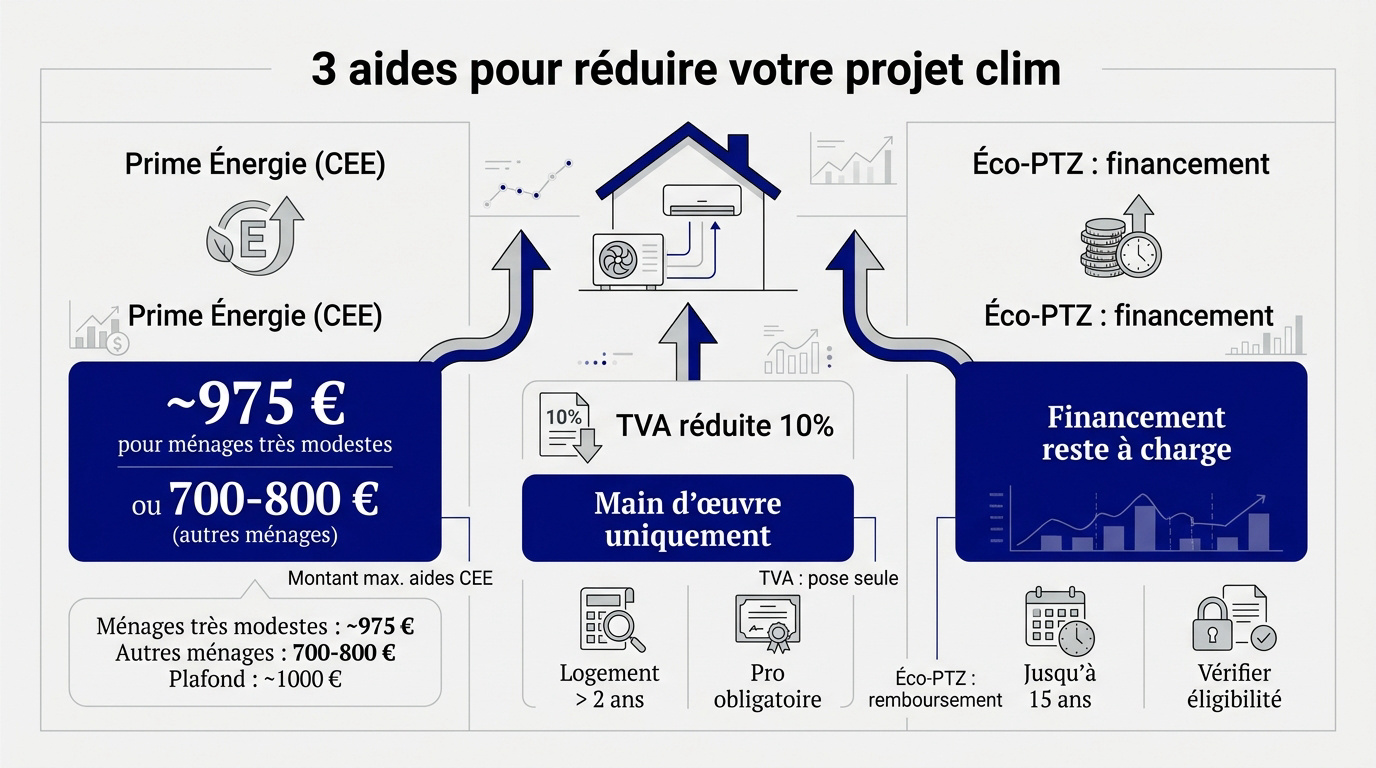 Tableau récapitulatif des aides financières pour l'installation d'une climatisation réversible en 2026