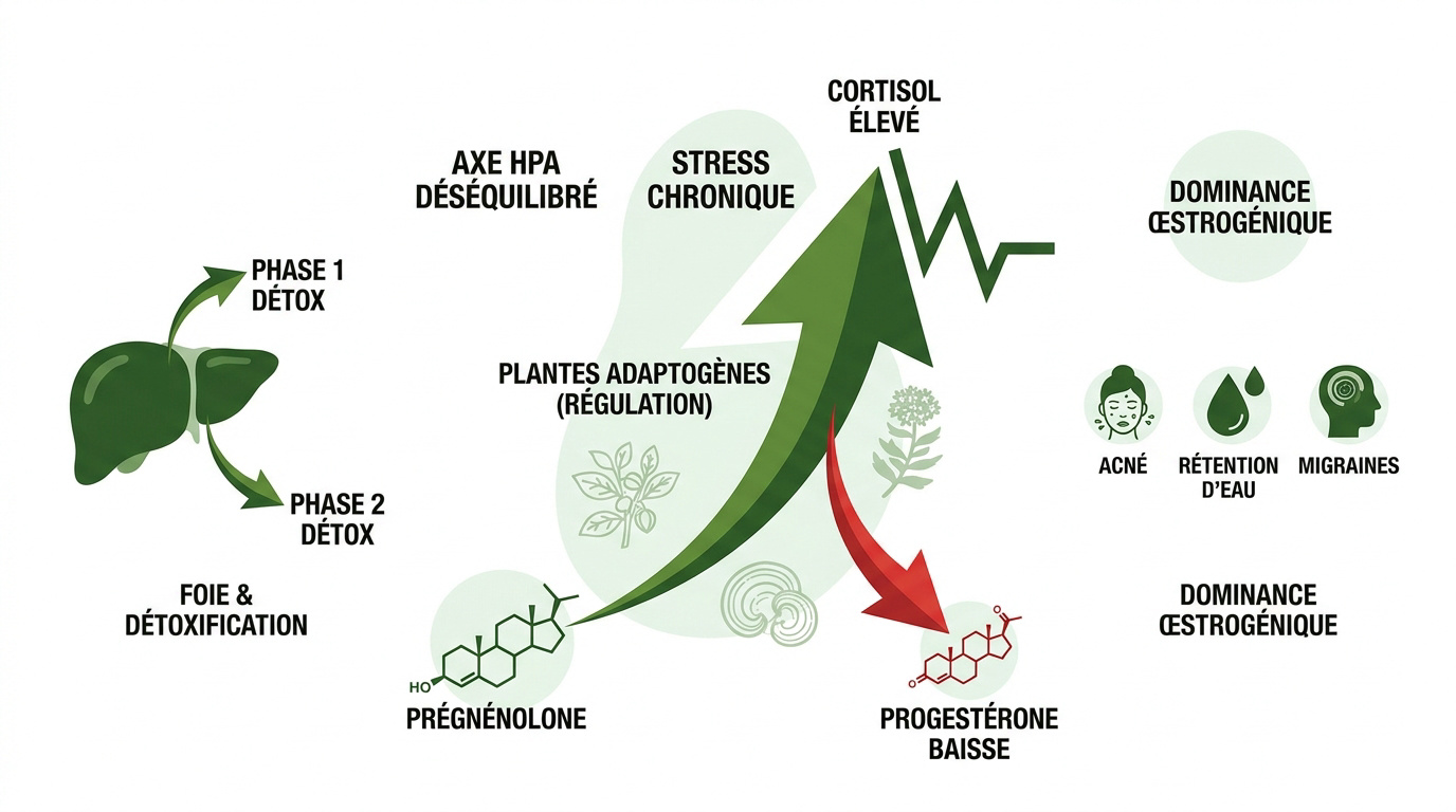 Schéma du déséquilibre hormonal entre cortisol, prégnénolone et foie