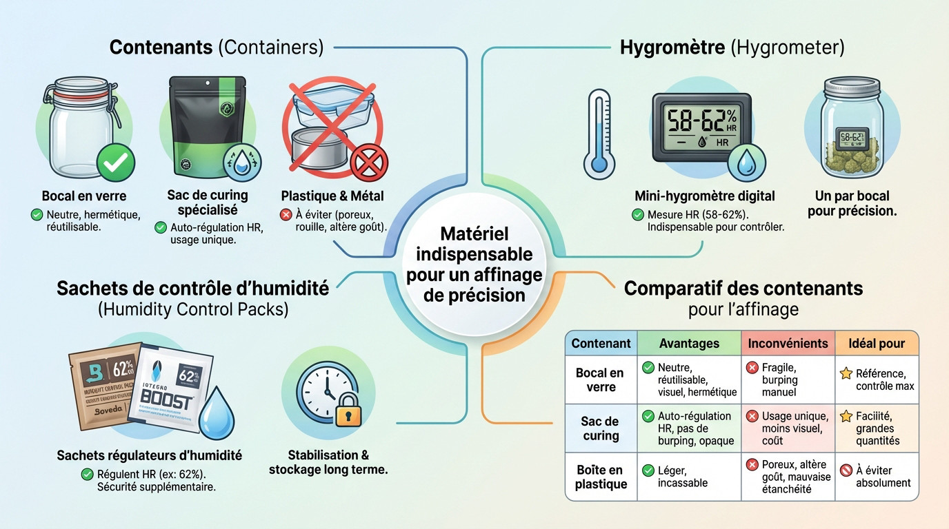 Matériel complet pour le curing : bocaux en verre, hygromètres et sachets d'humidité